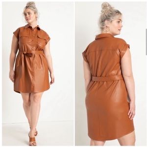 ELOQUII Faux Leather Chestnut Button Down Dress